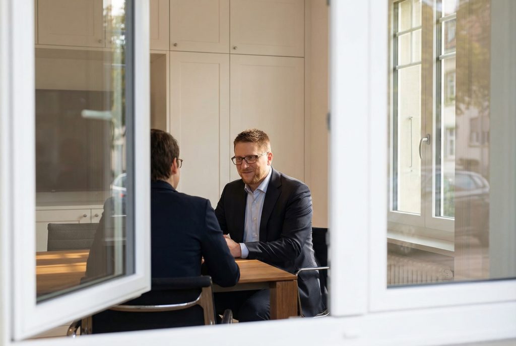 Zwei Personen im Gespräch am Sitzungstisch
